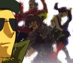  1girl 3boys artist_request beret big_boss drum drum_set eyepatch gradient gradient_background guitar hat instrument kazuhira_miller metal_gear_(series) metal_gear_solid_v mircophone multiple_boys quiet_(metal_gear) revolver_ocelot sunglasses venom_snake 