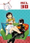  1boy 2girls barefoot batman_(series) black_hair blonde_hair boots cape cassandra_cain couch dc_comics green_upholstery halftone halftone_background hamster kandamari mask multiple_girls polka_dot polka_dot_background ponytail red_robin s_shield shirt shorts sitting smile stephanie_brown t-shirt tim_drake video_game 