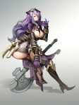  1girl axe between_breasts breasts camilla_(fire_emblem_if) cleavage curvy female fire_emblem fire_emblem_if gaohappy3344 gradient gradient_background hair_over_one_eye large_breasts leaning_forward looking_at_viewer parted_lips purple_hair sitting solo thick_thighs tiara violet_eyes weapon wide_hips 