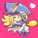  1girl blonde_hair boots breasts chibi dark_magician_girl duel_monster female green_eyes long_hair looking_at_viewer misaka_(missa) simple_background smile solo wand wink wizard_hat yu-gi-oh! yuu-gi-ou_duel_monsters 