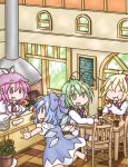  4girls :d :t ^_^ ahoge antennae barefoot black_neckwear black_vest blonde_hair blue_dress blue_eyes blue_hair bow chair chalkboard cirno closed_eyes cola counter cup dress drinking_glass eating eyebrows_visible_through_hair eyebrows_visible_through_hat food green_eyes green_hair hair_between_eyes hair_bow hat highres indoors leg_lift long_sleeves looking_at_another looking_at_viewer multiple_girls mystia_lorelei napkin open_mouth outstretched_arms oven pink_eyes pink_hair pizza plant plate potted_plant puffy_short_sleeves puffy_sleeves red_neckwear restaurant rumia short_hair short_sleeves sitting smile spread_arms standing standing_on_one_leg tabasco table takanoru team_9 touhou vest window wings wooden_floor wriggle_nightbug 