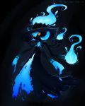  black_sclera blue_hair chandelure fire fusion gardevoir ghost glowing glowing_eyes gradient gradient_background hat mismagius no_humans pokemon pokemon_(game) short_hair signature solo the-game-spirit witch witch_hat yellow_eyes 