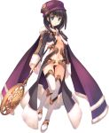  1girl amazuyu_tatsuki aqua_eyes black_hair cape detached_sleeves dungeon_travelers_2 full_body fur_trim hat highres holding long_sleeves looking_at_viewer navel open_mouth revealing_clothes solo staff standing thigh-highs transparent_background 