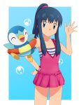  1girl bare_shoulders blue_eyes blue_hair blush hikari_(pokemon) long_hair love_(pspdspsp) nintendo piplup pokemon pokemon_(anime) ponytail simple_background smile solo swimsuit 