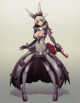  1girl alternate_color alternate_costume bow breasts cleavage collar dark_persona dress elphelt_valentine flower full_body gloves gradient gradient_background guilty_gear guilty_gear_xrd gun hair_bow handgun looking_at_viewer mynare parted_lips pistol rose short_hair silver_hair solo spiked_collar spikes spoilers thigh-highs thigh_boots weapon 