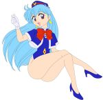  1girl 90s absurdres aqua_hair breasts dress female hat highres hips legs legs_crossed long_hair no_panties photoshop short_dress simple_background smile solo stewardess tenjouin_katsura thighs vector_trace violet_eyes yat_anshin_uchuu_ryokou 