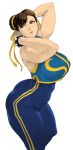  1girl ass bracelet breasts brown_eyes brown_hair butt_crack chun-li colored curvy double_bun female highres huge_ass huge_breasts jewelry lips orushibu plump simple_background skin_tight solo street_fighter thick_thighs thighs white_background wide_hips 