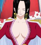  1girl amazon amazon_lily black_hair boa_hancock breasts closed_eyes earrings female gradient gradient_background jewelry one_piece screencap solo stitched upper_body 