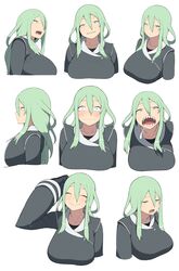  1girl accho_(macchonburike) blush breasts closed_eyes coat expressions female frown gloves gluttony_(deadly_sins) green_eyes green_hair grin highgain_(accho) highres large_breasts long_hair multiple_views open_mouth pixiv_fantasia pixiv_fantasia_t saliva seven_deadly_sins sharp_teeth simple_background slit_pupils smile solo surprised teeth tongue white_background 