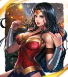  1girl amazon black_hair blue_eyes breasts dawn_of_justice dc_comics dccu diana_prince gradient gradient_background long_hair nudtawut_thongmai pteruges solo star strapless vambraces wonder_woman wonder_woman_(series) 