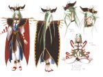  1girl bangs barefoot blue_lips breasts concept_art female green_hair grey_eyes hat kimura_takahiro large_breasts legs_crossed long_hair meditation pants pointy_ears proto_nirvana robe sandals simple_background solo standing steam_hearts tattoo 