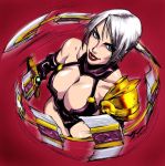 1girl armor blue_eyes breasts cleavage female gloves gradient gradient_background highres isabella_valentine large_breasts lips lipstick red_lipstick revealing_clothes short_hair solo soul_calibur soulcalibur_i sword weapon white_hair 
