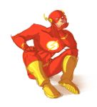  1boy bodysuit chin_rest dc_comics male_focus mask simple_background sitting solo the_flash wally_west 