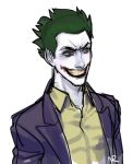  1boy batman_(series) dc_comics green_hair lipstick makeup male_focus simple_background smile solo teeth the_joker 