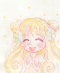  1girl blonde_hair closed_eyes double_bun dwarf flower gradient gradient_background hair_flower hair_ornament hands_clasped mansherry one_piece open_mouth princess smile solo sparkle traditional_media 