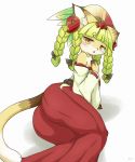  1girl artist_request braid brown_eyes cat_ears fullbokko_heroes furry green_hair japanese_clothes long_hair miko simple_background solo tail twin_braids 
