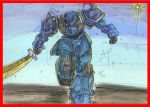  border gouf gundam heat_sword mecha mobile_suit_gundam no_humans outdoors red_border sketch sky solo sword weapon zasshu_nigou 