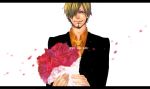  1boy blonde_hair border bouquet flower hair_over_one_eye male_focus one_piece sanji simple_background solo 