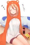  1girl akky_(akimi1127) animal_hood between_legs blush casual closed_eyes closed_legs doma_umaru female hamster_costume hand_between_legs himouto!_umaru-chan hood light_brown_hair long_hair necolumbus nekoronbusu pink_shorts shorts simple_background sitting sleeping soda_bottle solo stuffed_animal stuffed_toy very_long_hair 