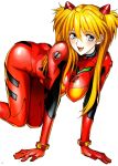  1girl absurdres all_fours ass blonde_hair blue_eyes blush breasts female happy highres large_breasts legs long_hair looking_at_viewer neon_genesis_evangelion open_mouth plugsuit shiny shiny_clothes shiosaba simple_background smile solo souryuu_asuka_langley thighs white_background 