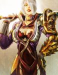  1girl armor breasts cleavage female gloves gradient gradient_background green_eyes hair_over_one_eye highres isabella_valentine large_breasts lips lipstick revealing_clothes short_hair solo soul_calibur soulcalibur_v sword weapon white_hair 