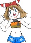  1girl blue_eyes brown_hair hainchu haruka_(pokemon) navel nintendo pokemon simple_background solo 