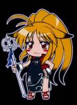  1girl big_hair blonde_hair bracelet breasts chibi dress gloves haruyama_kazunori highleg jewelry leotard long_hair looking_at_viewer multicolored_hair nakagami_takashi namco_x_capcom open_clothes open_vest red_eyes ribbon simple_background solo staff super_robot_wars super_robot_wars_og_saga_mugen_no_frontier vest xiaomu 