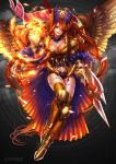  1girl armor breasts coga collarbone female gradient gradient_background holding holding_weapon jewelry long_hair magic orange_hair revenge_of_dragoon solo violet_eyes weapon wings 