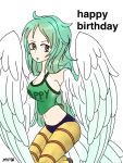  1girl brown_eyes donquixote_pirates green_hair harpy monet_(one_piece) monster_girl one_piece simple_background solo striped_legwear tank_top wings 
