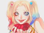  1girl batman_(series) blonde_hair blue_eyes dc_comics dccu harley_quinn multicolored_hair simple_background solo suicide_squad twintails 