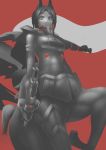  1girl adunba_rell animal_ears armor cape centaur female gun looking_at_viewer looking_down monochrome monster_girl original red_background short_hair simple_background solo tagme weapon 