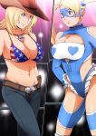  2girls american_flag_bikini bare_shoulders belt bikini bikini_top blonde_hair blue_eyes boxing_ring breasts cleavage cleavage_cutout crossover cutout dead_or_alive flag_print gloves gradient gradient_background gureko_rouman hat highres large_breasts legs long_hair looking_at_another mound_of_venus multiple_girls navel pants rainbow_mika serious shiny shiny_skin short_hair standing street_fighter street_fighter_v swimsuit thighs tina_armstrong twintails 
