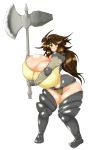  1girl axe breasts brown_hair gigantic_breasts green_eyes simple_background solo tagme warrior weapon 