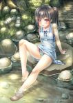  1girl aqua_panties bangs bare_arms bare_legs bare_shoulders barefoot black_hair blush borrowed_character dress ecou feet feet_in_water flat_chest full_body grass hair_over_one_eye highres knee_up knot light_particles light_rays long_hair looking_at_viewer md5_mismatch nature open_mouth original outdoors panties pantyshot pantyshot_(sitting) plant polka_dot polka_dot_dress ponytail red_eyes river rock sandals sandals_removed see-through shizuku_(kantoku) shoes_removed short_dress sitting sitting_on_rock sleeveless sleeveless_dress smile soaking_feet solo stream sunbeam sundress sunlight sweat toes underwear water wet wet_clothes wet_panties 