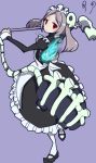  1girl apron back bloody_marie_(skullgirls) bone dress female from_behind grey_hair hair_ornament looking_back maid maid_apron mary_janes pantyhose red_eyes shoes short_hair simple_background skull skull_hair_ornament skull_heart skullgirls solo symbol-shaped_pupils twintails vacuum_cleaner 