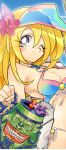  1girl beach bikini blonde_hair breasts dark_magician_girl duel_monster female gradient gradient_background green_eyes long_hair looking_at_viewer pot_of_greed smile swimsuit wink yu-gi-oh! yuu-gi-ou_duel_monsters 