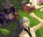  1girl 2boys bracelet brown_hair closed_eyes gloves jewelry kairi kairi_(kingdom_hearts) kingdom_hearts legs lying multiple_boys necklace redhead riku silver_hair sora_(kingdom_hearts) 