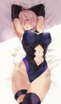  1girl armpits elbow_gloves fate/grand_order fate_(series) gloves hair_over_one_eye highres lying navel navel_cutout pink_hair shielder_(fate/grand_order) solo thigh-highs thigh_strap tokopi violet_eyes 