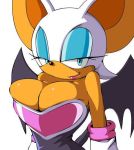  1girl apostle blue_eyes breasts cleavage female large_breasts lips looking_at_viewer rouge_the_bat sega simple_background solo sonic_the_hedgehog 