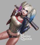  1girl armpit_holster baseball_bat batman_(series) belt blonde_hair blue_eyes body_writing character_name choker dc_comics dccu dyed_hair gun harley_quinn holster jacket multicolored_hair shorts simple_background solo studded_belt suicide_squad tongue twintails weapon 