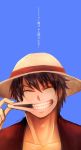  1boy hat male_focus monkey_d_luffy one_piece simple_background sky smile solo straw_hat stretch 