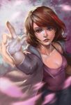  1girl blue_eyes blurry brown_hair collarbone epic face gradient gradient_background life_is_strange lips looking_at_viewer max_caulfield nose realistic short_hair solo 