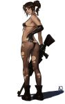 1girl ass bikini black_gloves brown_hair facial_mark full_body ganassa gloves gun highres metal_gear_(series) metal_gear_solid_v pantyhose ponytail quiet_(metal_gear) rifle simple_background sniper_rifle solo swimsuit torn_clothes torn_pantyhose weapon 