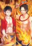  2boys brothers character_name fire freckles gradient gradient_background hat headwear_removed male_focus monkey_d_luffy multiple_boys one_piece portgas_d_ace sash scar siblings smile stampede_string straw_hat tattoo topless 