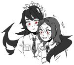  2girls filia_(skullgirls) monochrome multiple_girls painwheel_(skullgirls) red_eyes samson_(skullgirls) simple_background skullgirls tagme 