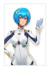  1girl ayanami_rei blue_hair bodysuit border hand_on_hip neon_genesis_evangelion omar_dogan red_eyes short_hair simple_background smile solo upper_body waving 