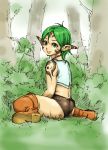  aian androgynous bad_id green_hair looking_at_viewer looking_back pointy_ears shorts sitting smile solo tattoo tree 