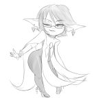  1girl bayonetta beauty_mark glasses high_heels imp monochrome monster_girl one_eye_closed pointy_ears simple_background solo wide_hips wink 
