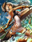  1girl _tsumugico_ armlet asymmetrical_legwear bare_shoulders belt black_legwear black_thighhighs boots chains crystals dragon_tactics female gauntlets gem hat holding holding_sword holding_weapon jewelry long_hair looking_at_viewer open_mouth solo sword thigh-highs weapon white_hair yellow_eyes zettai_ryouiki 