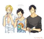  3boys male_focus monkey_d_luffy multiple_boys one_piece portgas_d_ace sabo_(one_piece) saliva shaving simple_background toothbrush toothpaste 